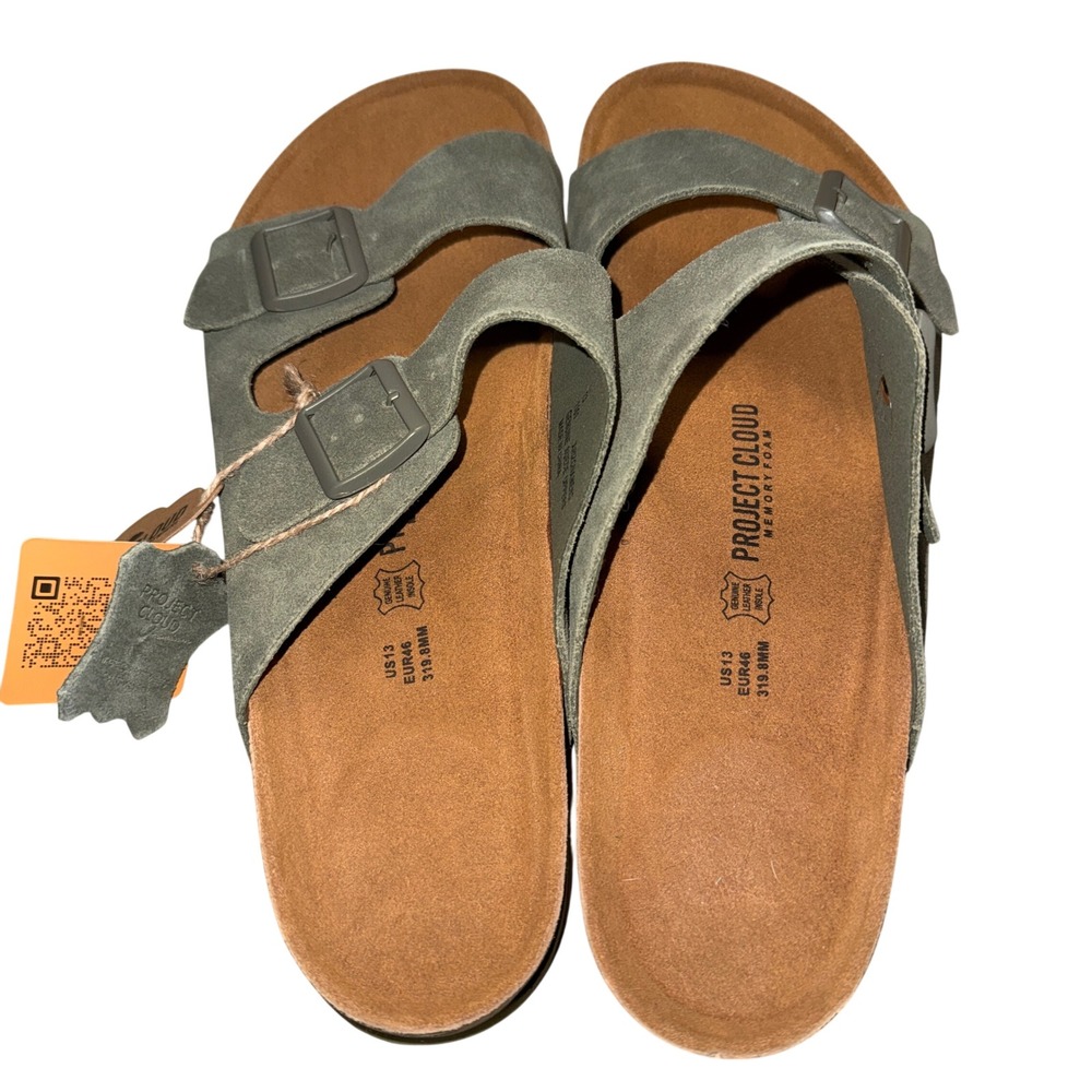 Project Cloud Sandals Size 13 Green Suede Two Strap Buckle Slide Memory Foam New - Picture 2 of 4